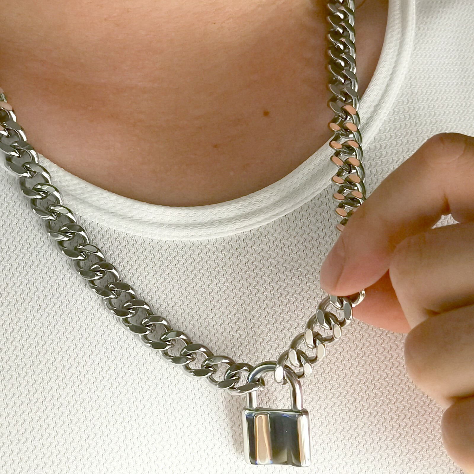 Partner Lock Necklace Padlock Pendant Interlocking Stainless Steel Curb Chain
