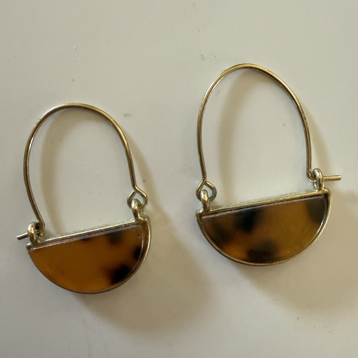 Gold Tone Hook Dangle Earrings Brown Tortoise Half Moon Pendant, No Stone