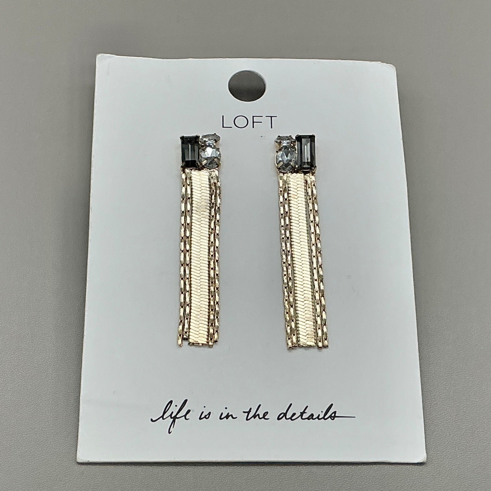 LOFT Earrings Women Gold Tone Crystal Baguette Dangle Herringbone Fringe 2.5 In