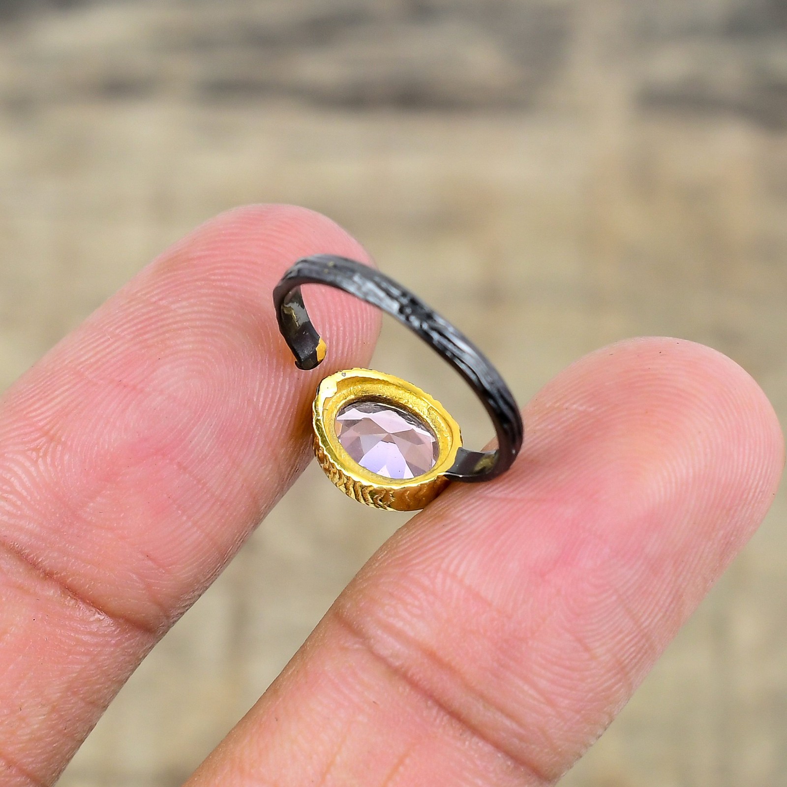 Pink Kunzite Black And Gold Plated 925 Sterling Silver Ring S.Adjustable R87125