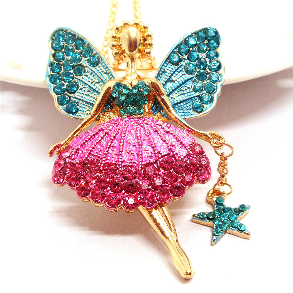 New Fashion Women Blue Pink Star Crystal Ballet Girl Fairy Angel Wing Necklace