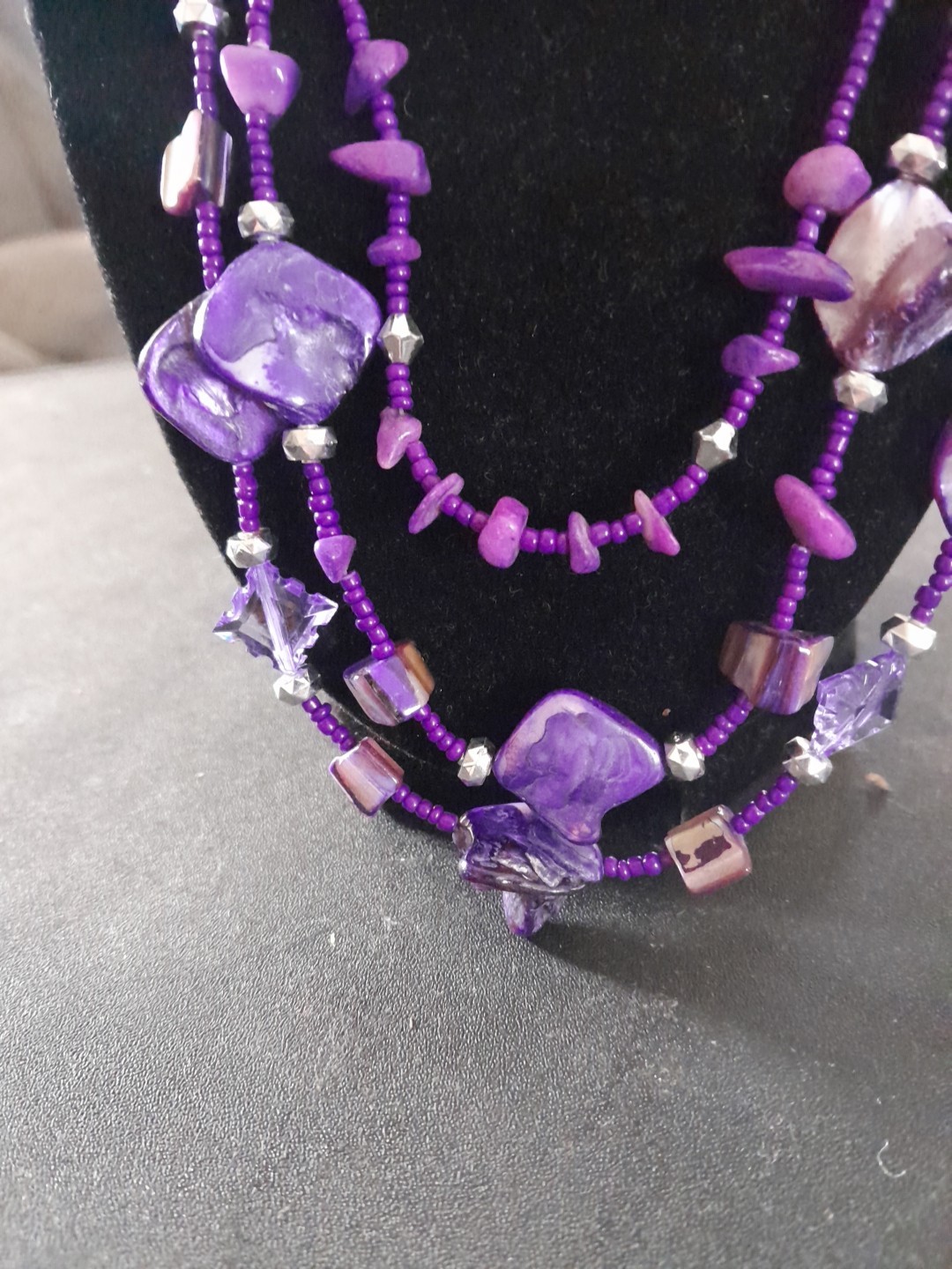 Purple Beaded And Dye Shell Three Strands Necklace