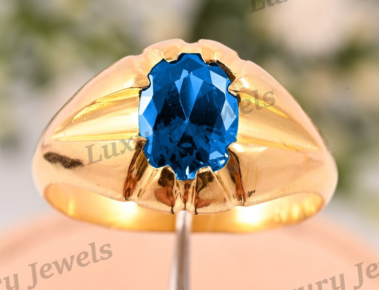 Swiss Blue Topaz Ring for Men 925 Sterling Silver Vintage Handmade Jewelry Fash