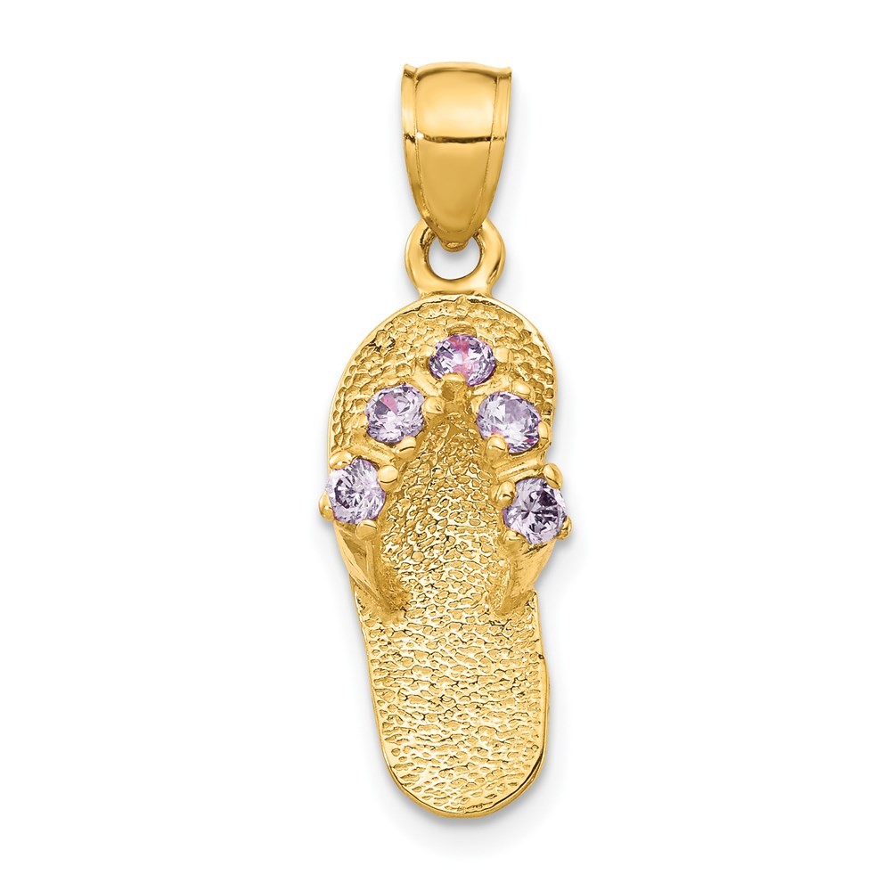14k Yellow Gold 3-D February/Purple CZ Birthstone Flip Flop Pendant Necklace