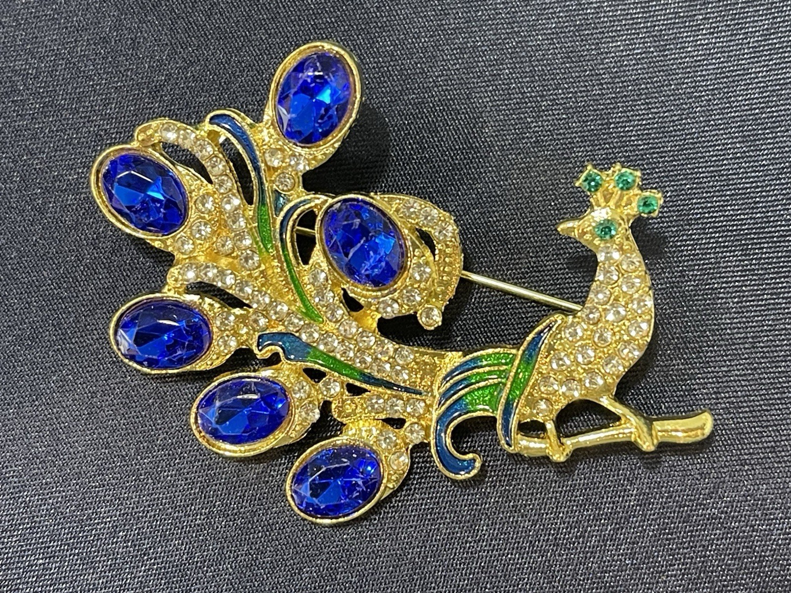 NWOT Peacock Brooch Pin Blue Rhinestone Glass Enamel Gold Tone Costume Jewelry
