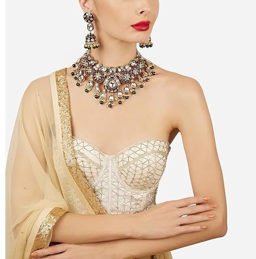 Jaywar Gold Plated Bridal Necklace Set with Earrings & Maang Tikka for Women