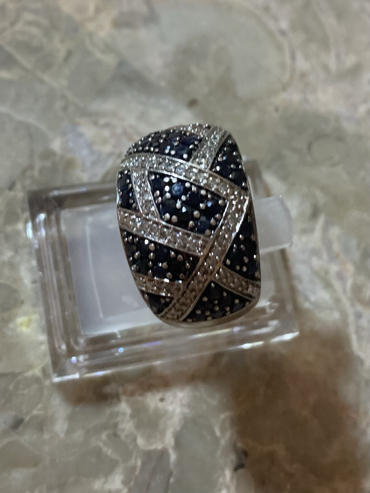Sterling Silver Diamond & Sapphire Domed Wide Band Ring , Sz 7, 11.3 g.