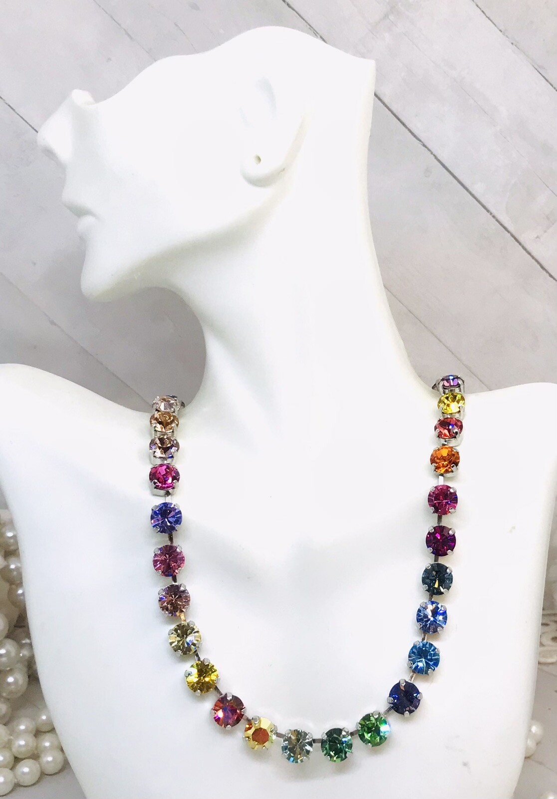 Silver Plated 33 Stone Colorful Rainbow Cup Chain Crystal Necklace