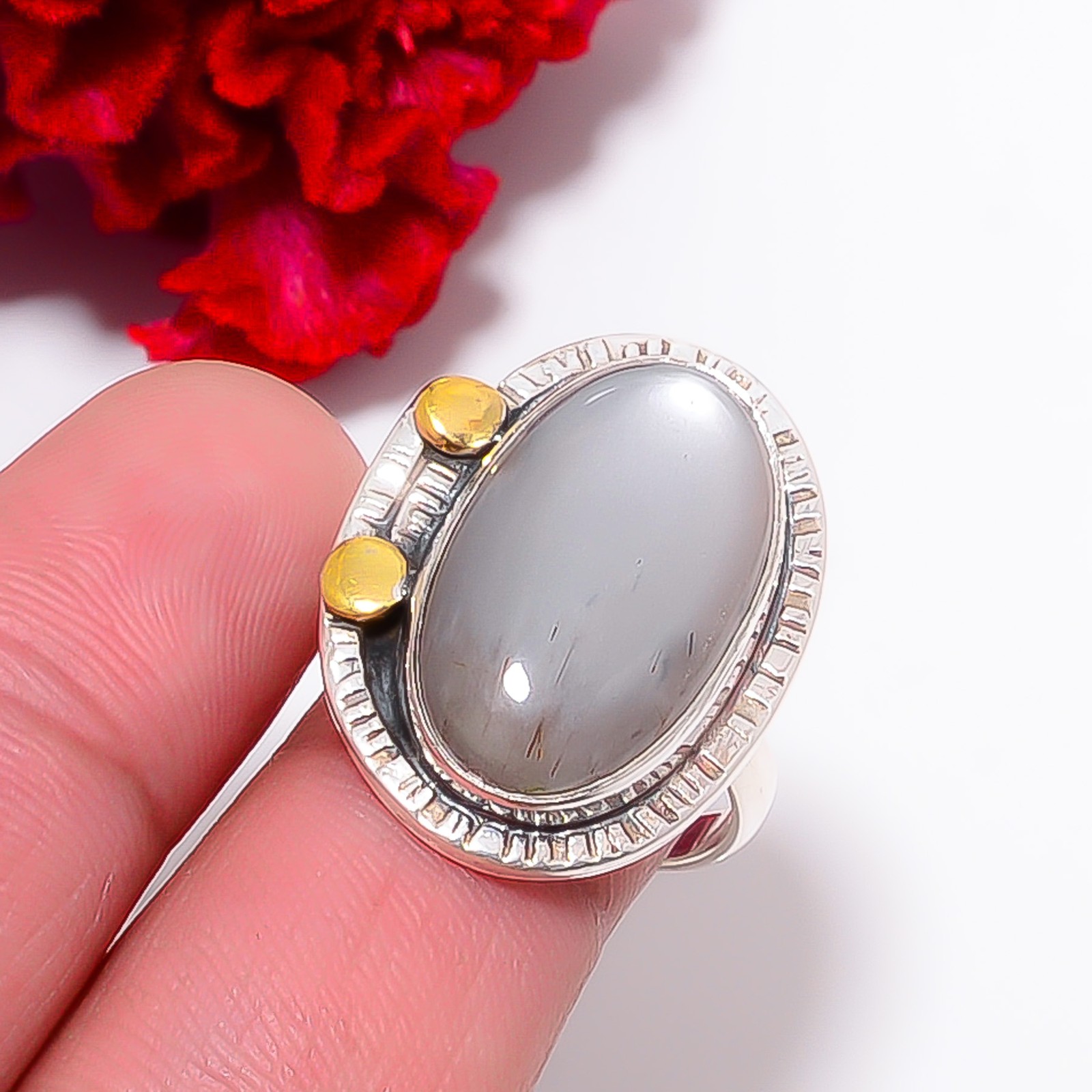 Gray Moonstone – Sri Lanka Two Tone Designer 925 Sterling Silver Ring S.8.5 R212