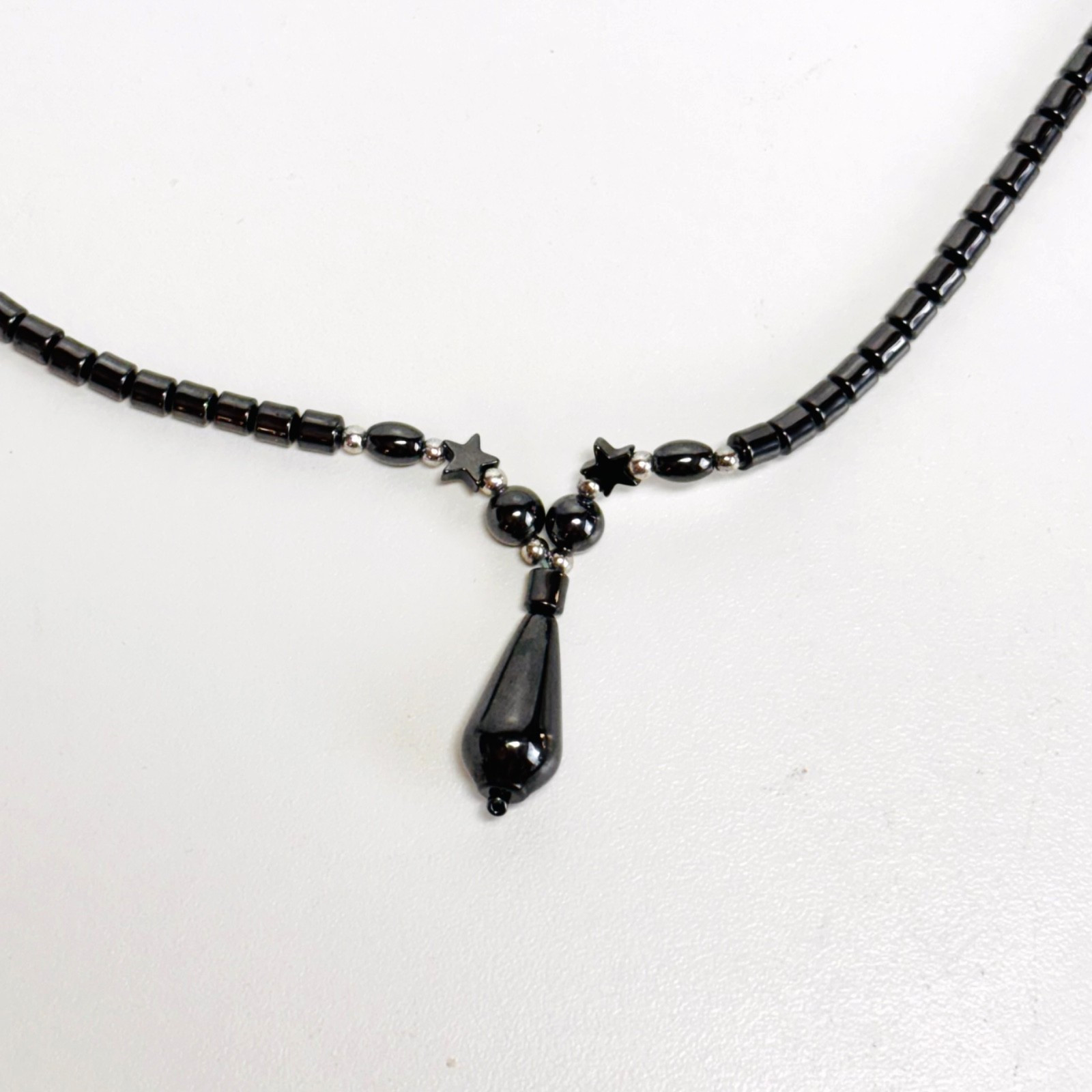 HEMATITE stone necklace teardrop pendant tube beads nylon cord barrel clasp 17″