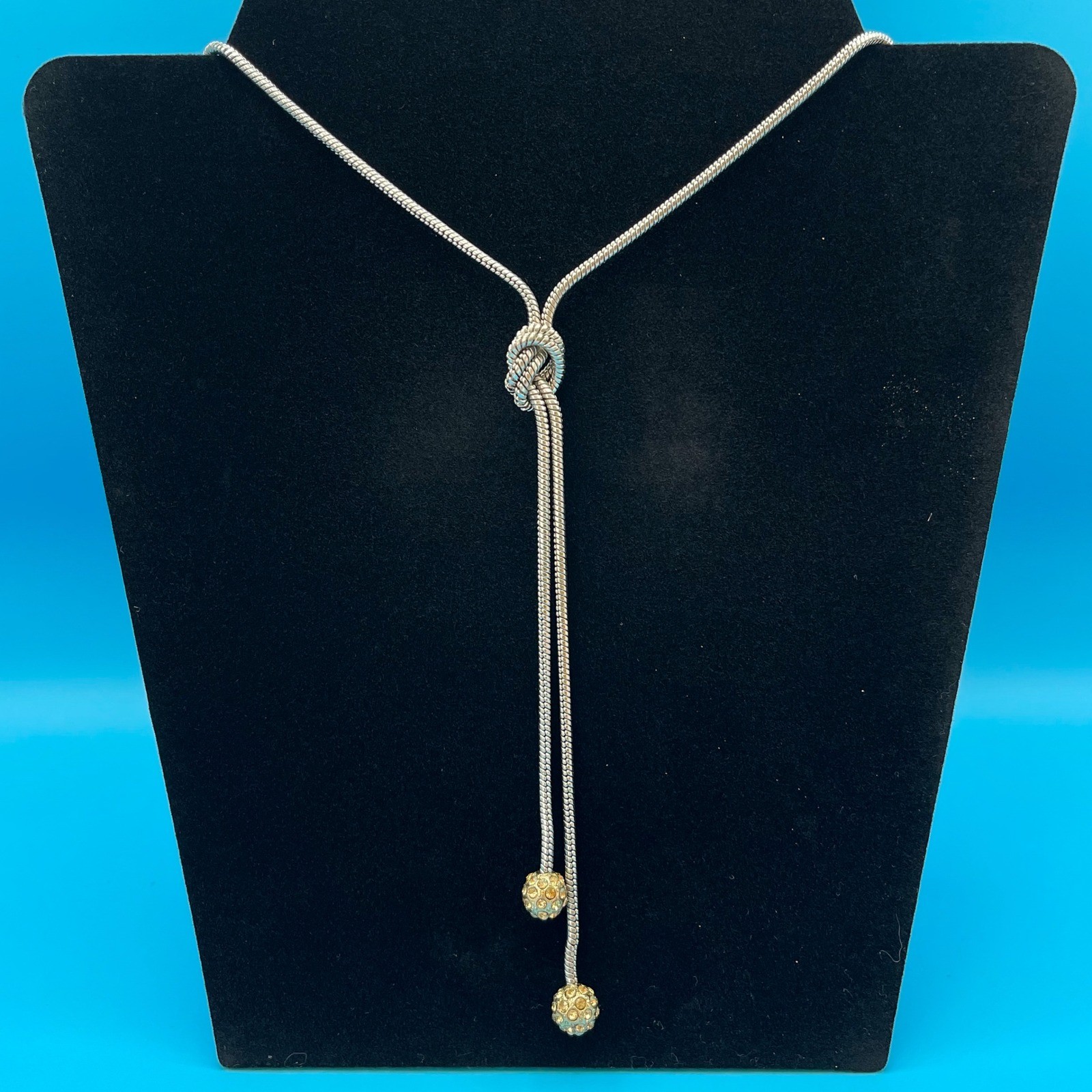 Banana Republic Lariat Necklace Women Silver Tone Knot Pave Ball Snake Chain