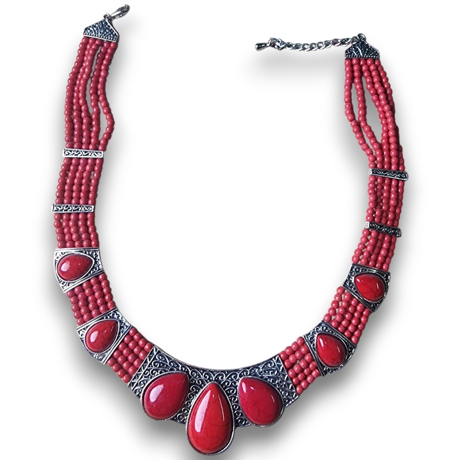 Boho Red Bead Multi-Strand Bib Necklace Silver Scrollwork Tribal Statement