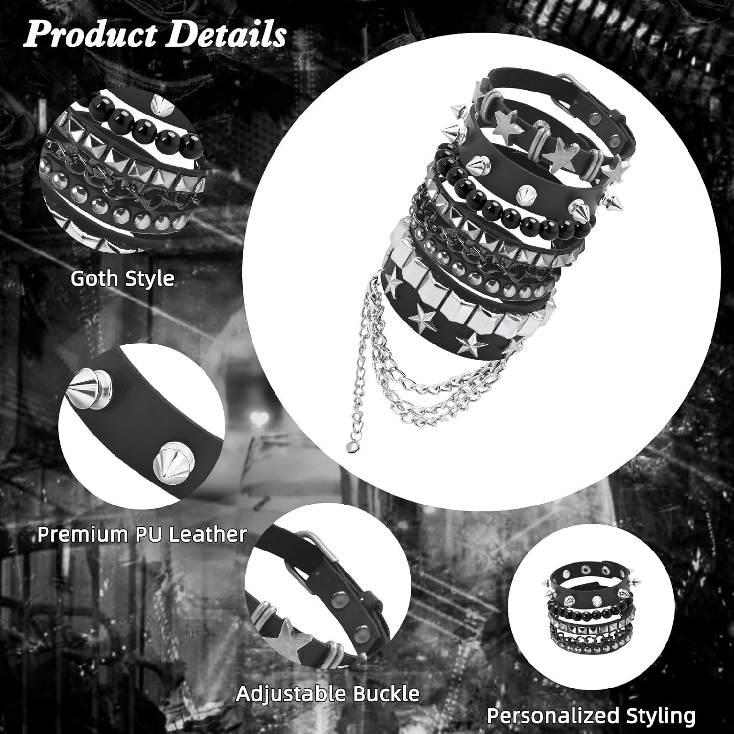 Studded Spike Punk Bracelets 5 Pcs PU Leather Goth Grunge Y2K Wristband Set