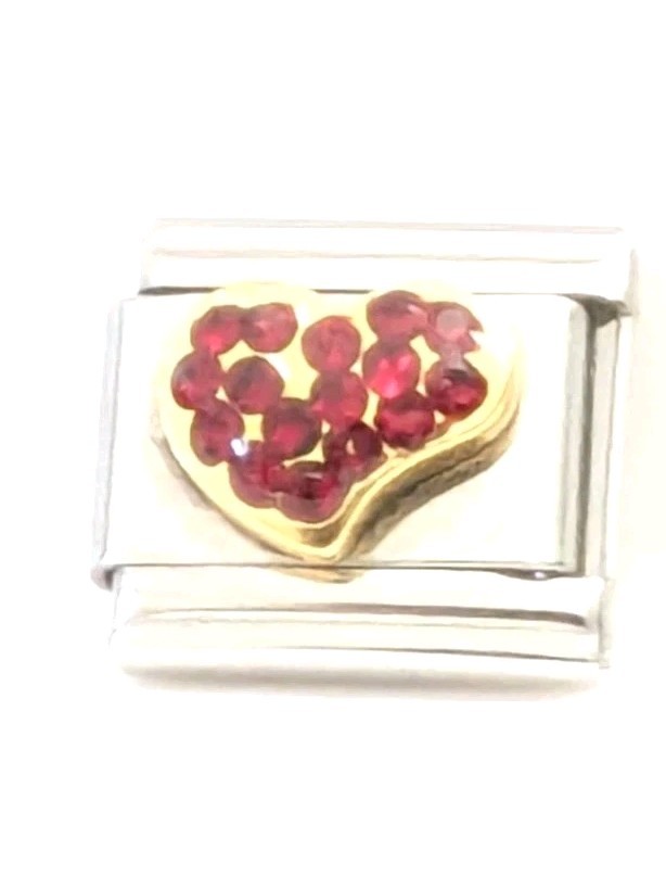 Casa D’Oro Heart w Stones Ruby Red Birth Classic 9mm Link Italian Charm R137
