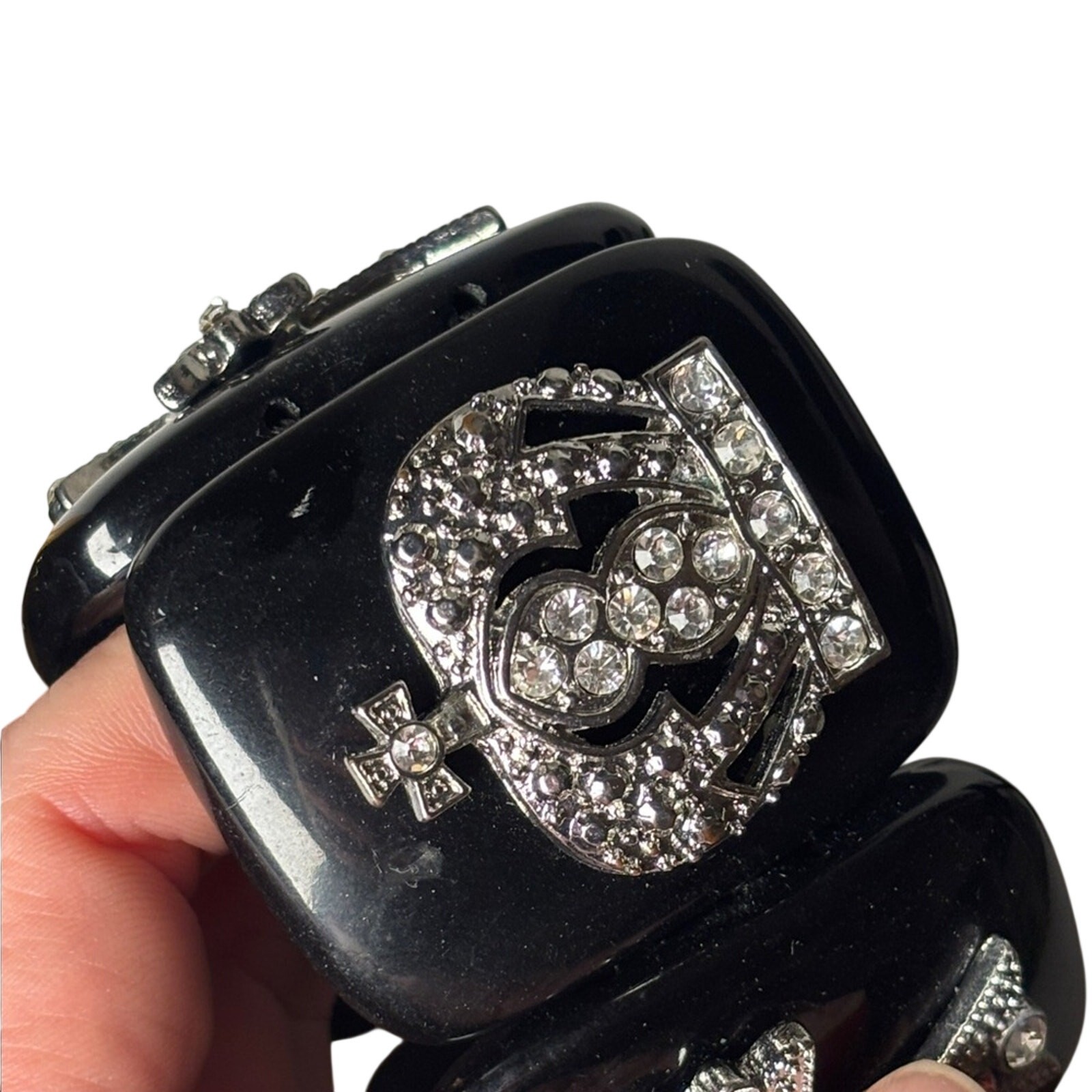 Black Acrylic Bracelet with Silver Cross and Crown Design 2.5”