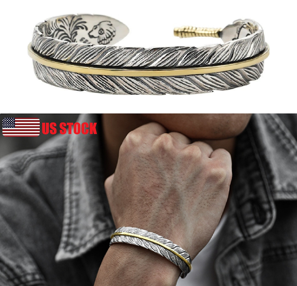 Men’s Silver Feather Adjustable Bangle Cuff Bracelet Fashion Retro Jewelry USA