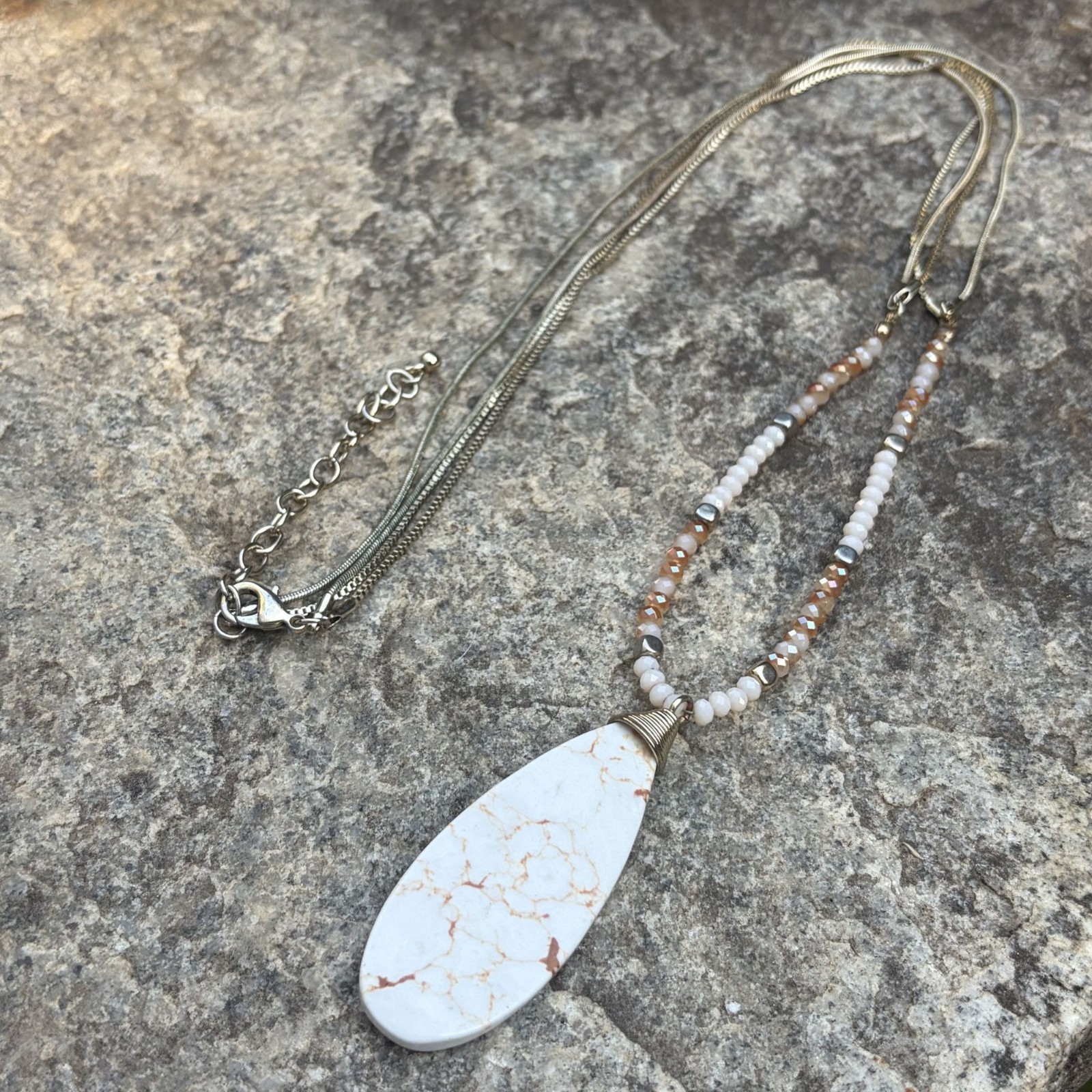 Natural Stone Pendant Necklace With Beaded Chain & Gold Accents Boho Chic Jewelr