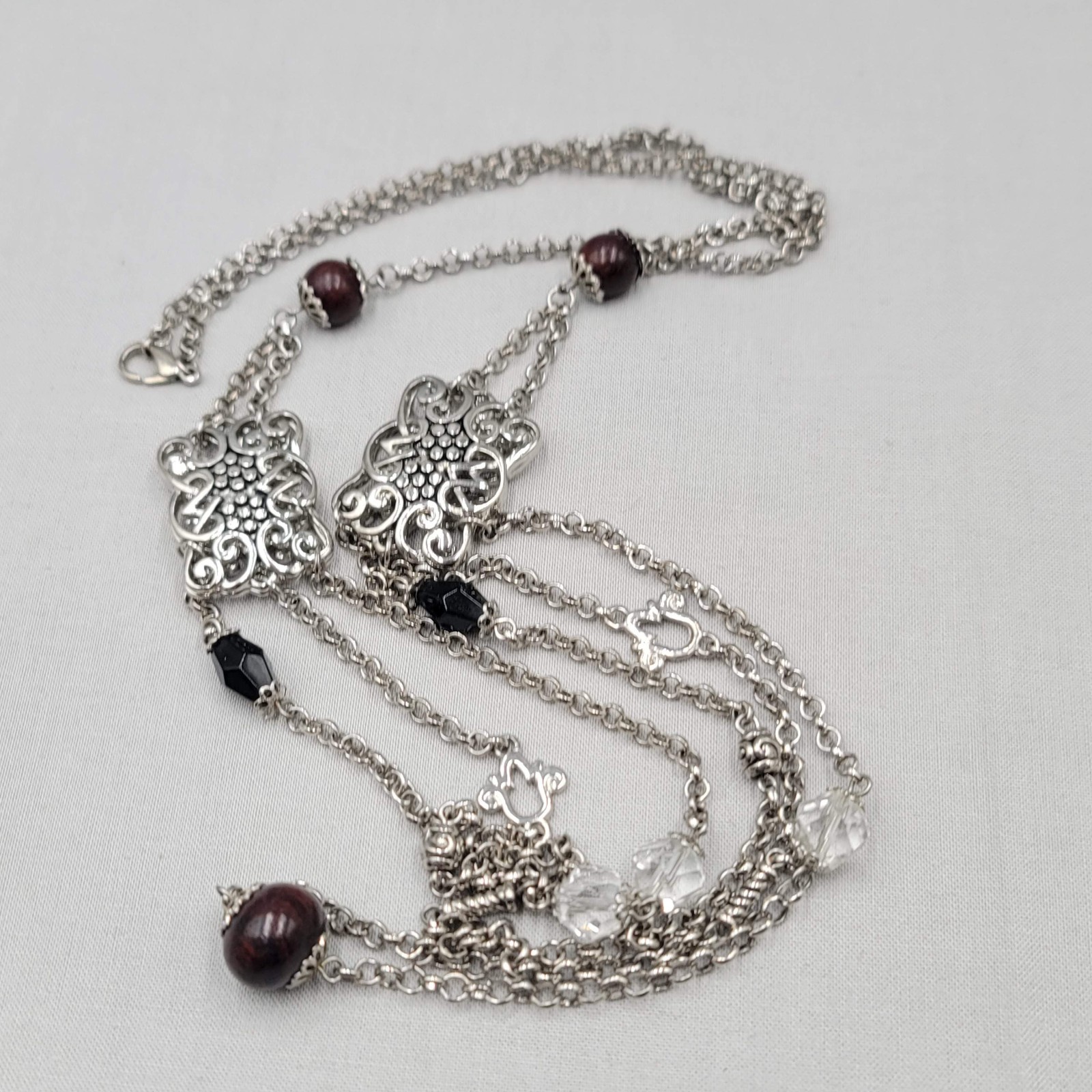 Wood Bead Layered Chain Necklace Silver Plated Filigree 34″ adj