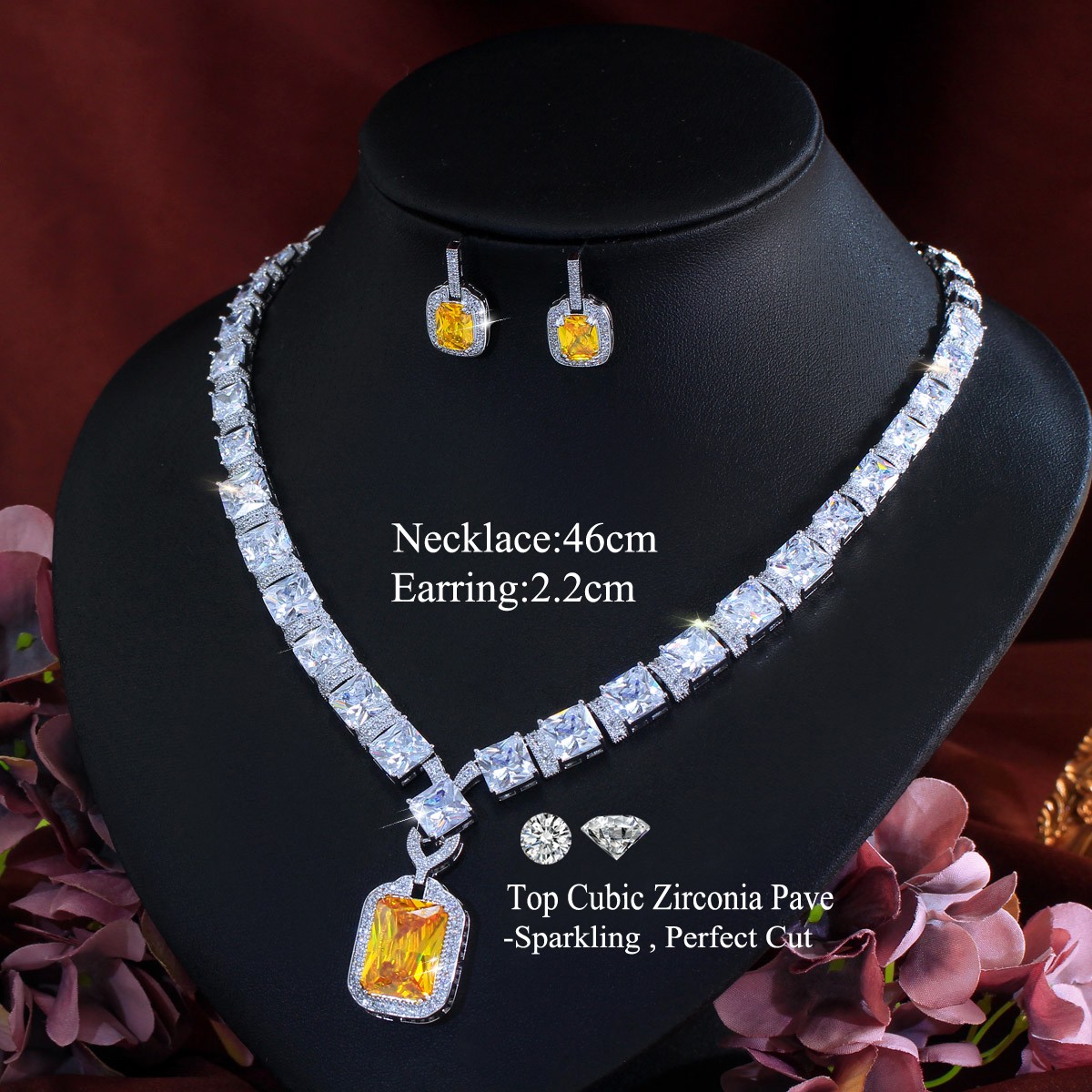 Silver Plated CZ Yellow Square Necklace Earrings Set for Women Costume Jewelry