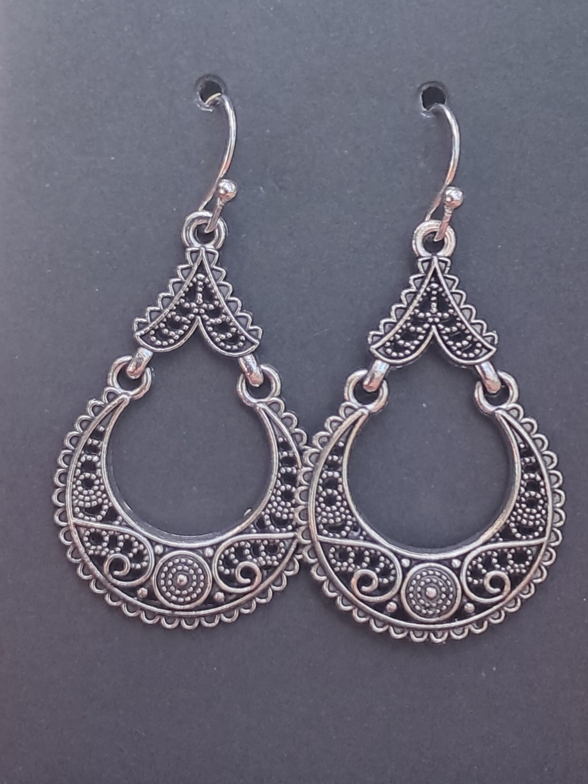 Vintage Fashion Silver Boho Filigree Crescent Teardrop Dangle Earrings