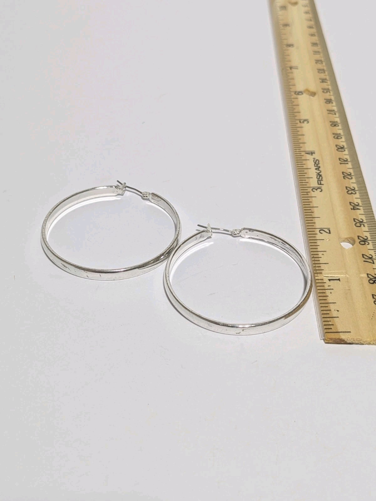 Silver Tone Medium Hoop Push Lock Earrings. Classic. 2″