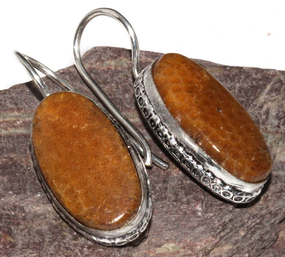 925 Silver Plated Fossil Coral Earrings 1.3″ Gift For Niece New Year Vibes GW
