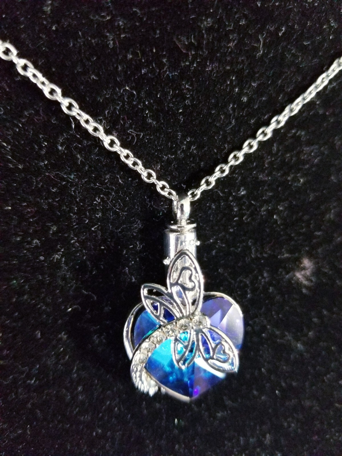 Silver Tone Urn Cremation Memorial Necklace Dragonfly Pendant for Ashes Blue