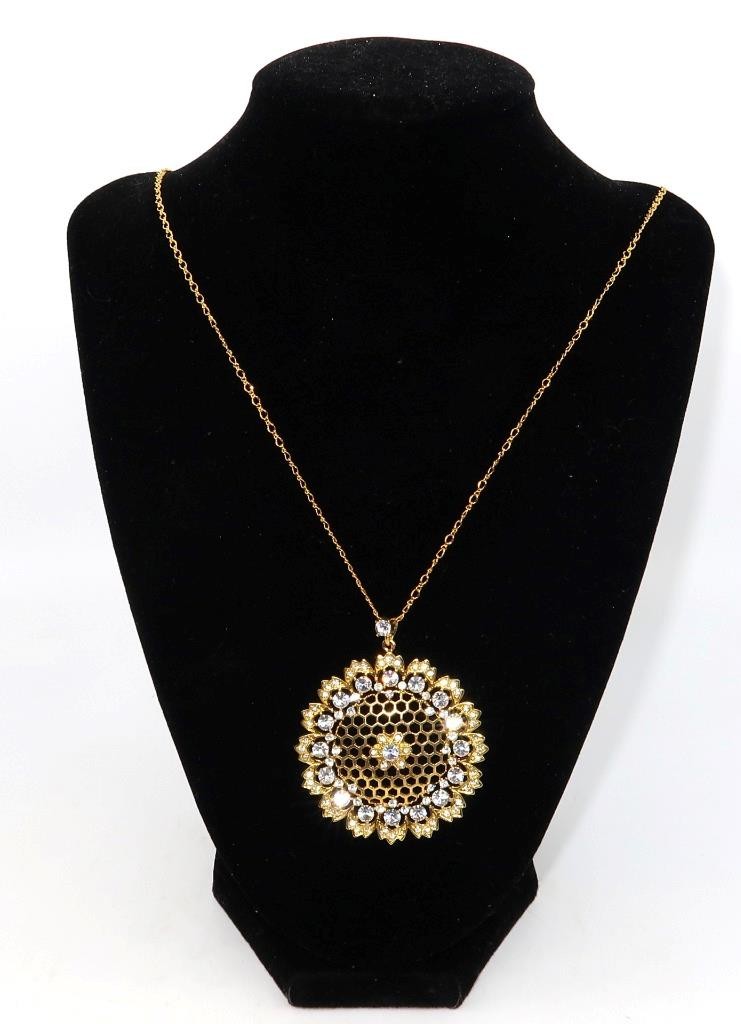 NOLAN MILLER Gold Tone Floral Pendant & Necklace w/ Clear Rhinestones, 26″ Chain