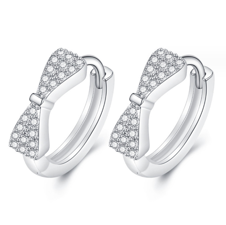 Women 925 Silver Rose Gold Plated Bow Decor CZ Huggie Hoop Earrings 15mm F31