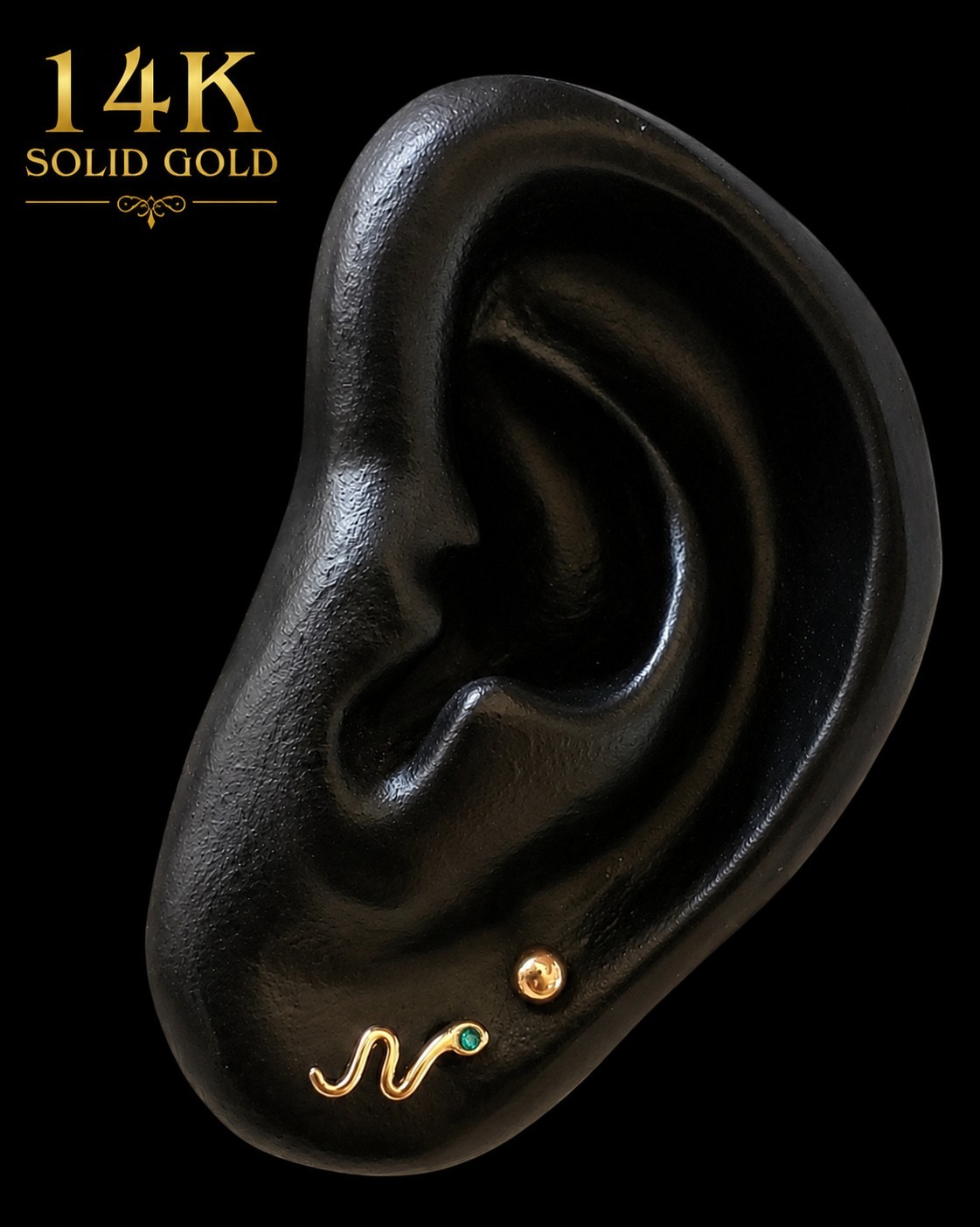 14K Solid Gold Dainty Snake Stud Earrings W/ Esmerald CZ Eye Design 8.0mm ~ New