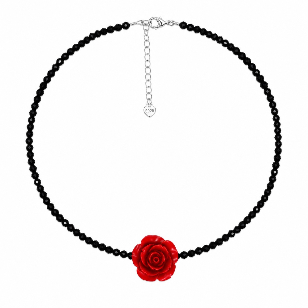 Handmade Black Spinel Faceted Choker Necklace with Large 26mm Red Rose Flower