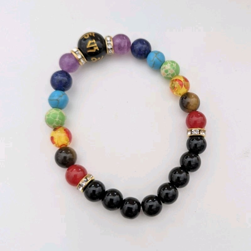 Multicolor Stone Beaded Stretch Bracelet Round Beads No Clasp Less Than 8 in
