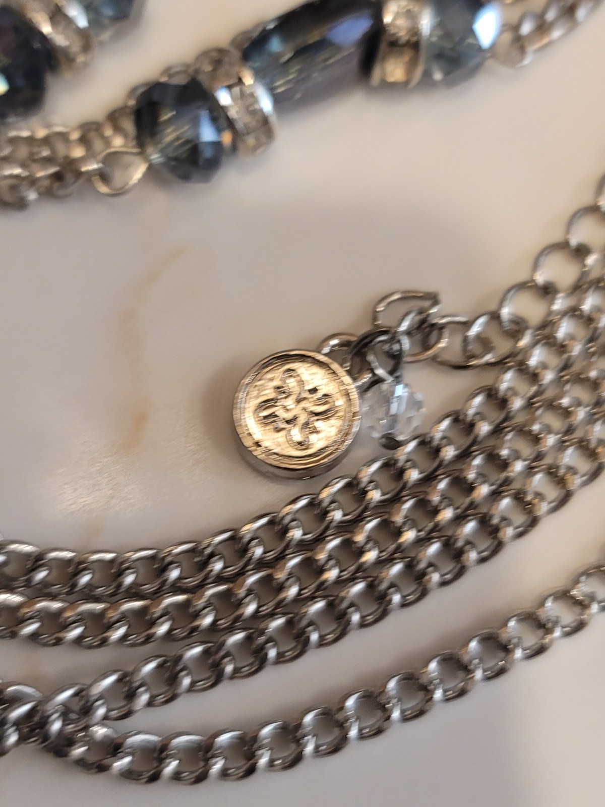 Blue Gray Crystal Double Strand Necklace 44″ Long Silver Tone Beaded