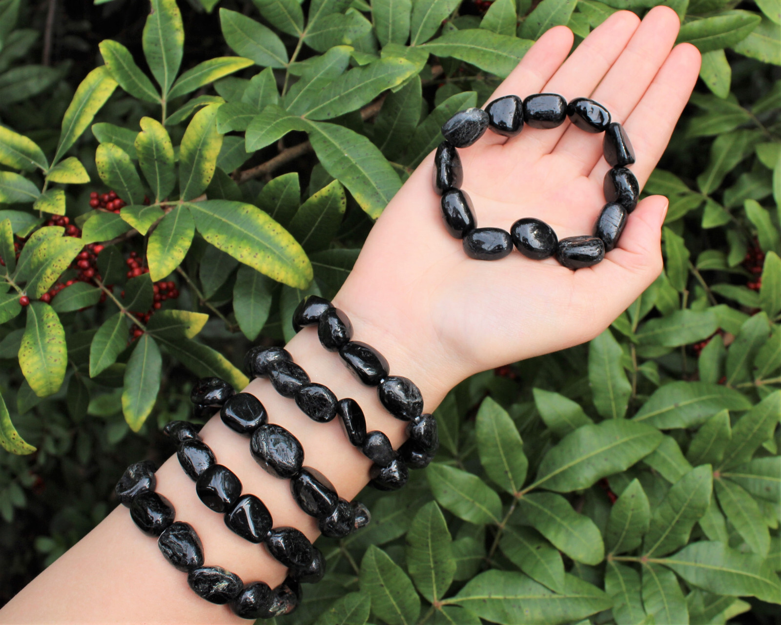 Black Tourmaline Tumbled Gemstone Bracelet 6-8 mm Nuggets (Stretch Bracelet)