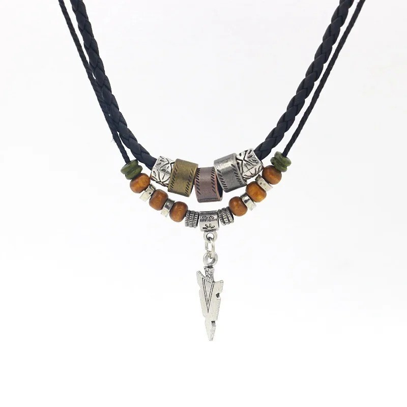 Layered Leather & Beaded Necklace – Vintage Tribal Arrow Pendant for Men