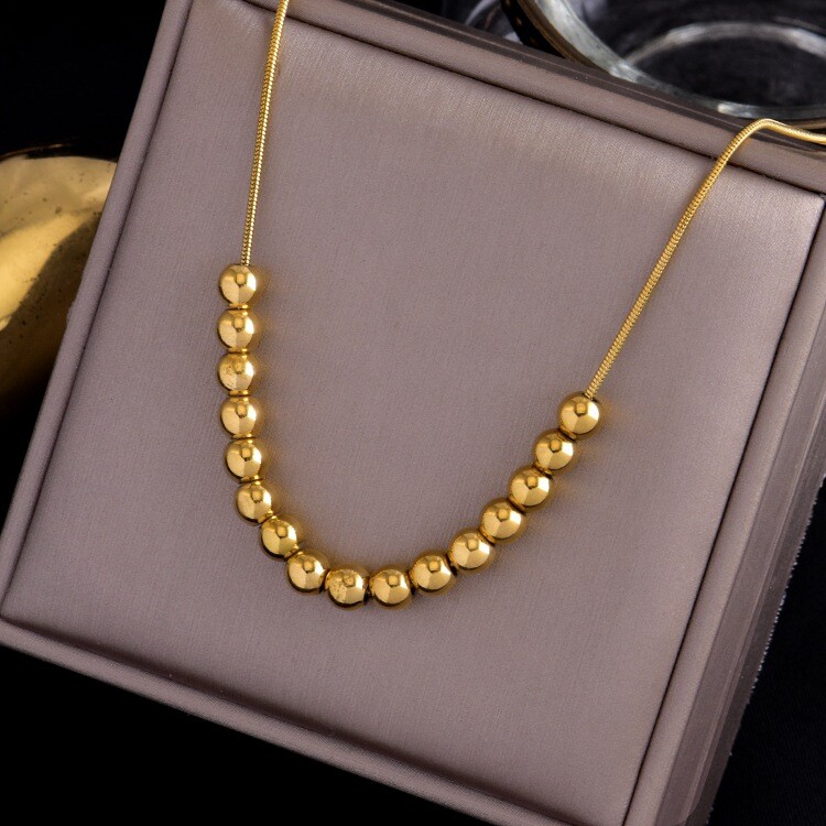 Woman 18K Gold Plated Stainless Steel Glossy Bead Bean Snake Chain Necklace 19”