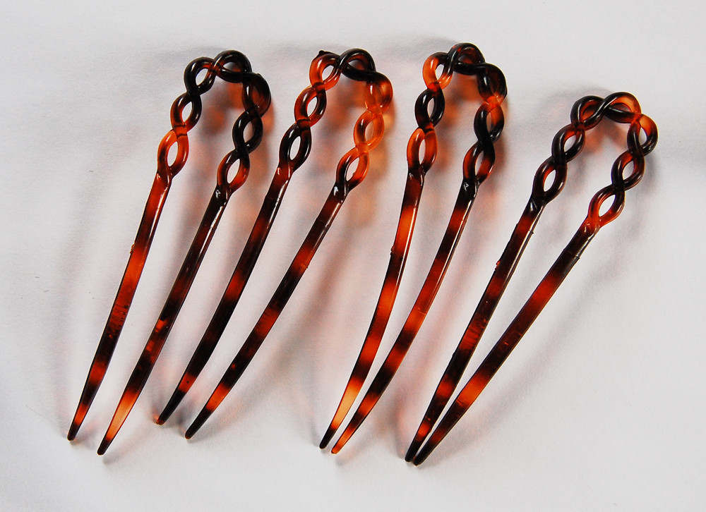 VINTAGE 4 TORTOISE PLASTIC HAIR FORKS PINS STICKS MADE IN FRANCE • 4 inches