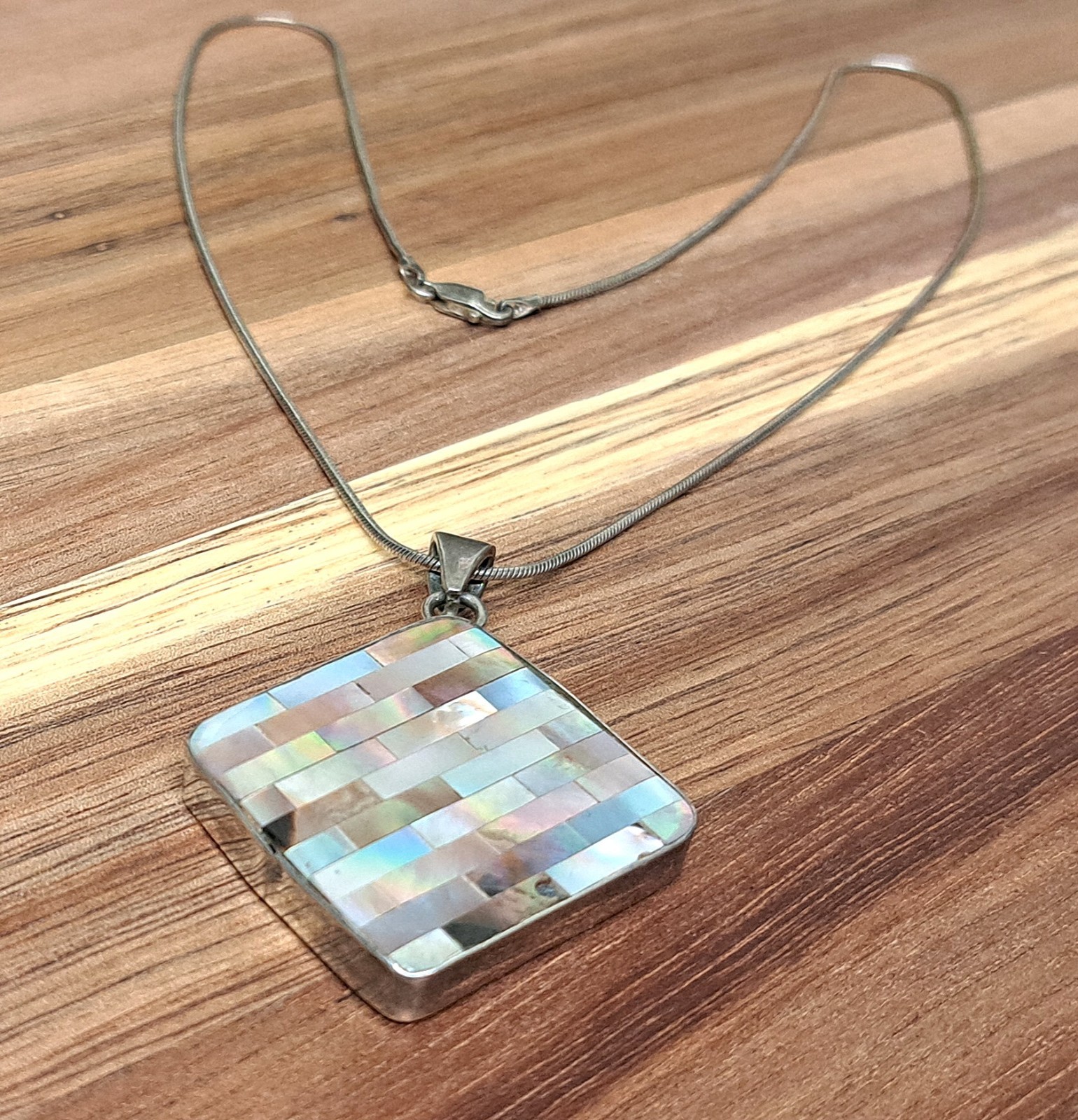 Vintage Sterling Silver 925 pendant Abalone mosaic Large 3cm 17.1gr 47cm chain