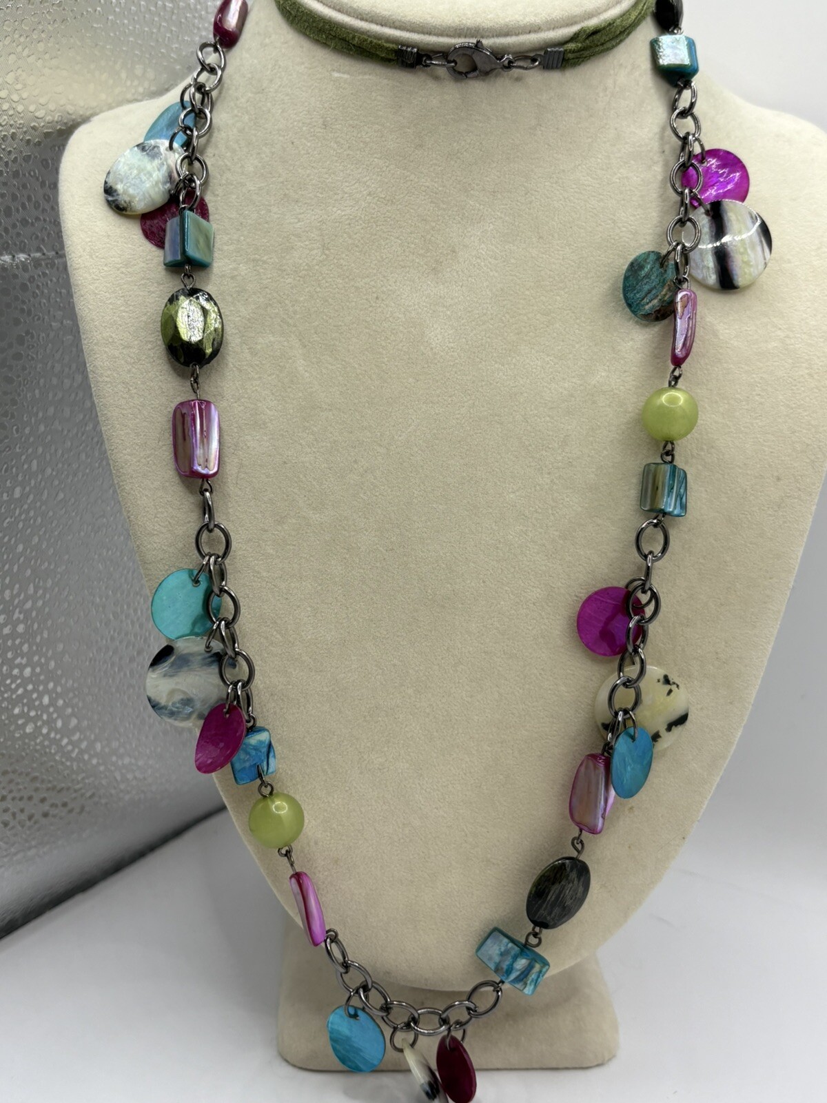 Colorful Multicolored MOP And Acrylic Beaded Necklace Gun Metal Gray & Leather