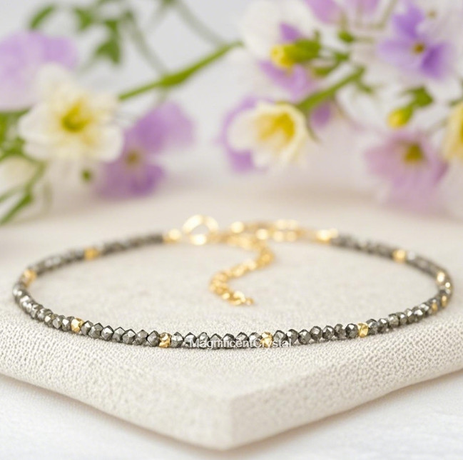 Natural Pyrite Stone Dainty Bracelet 2mm Gemstone Women Jewelry Mothers Day Gift
