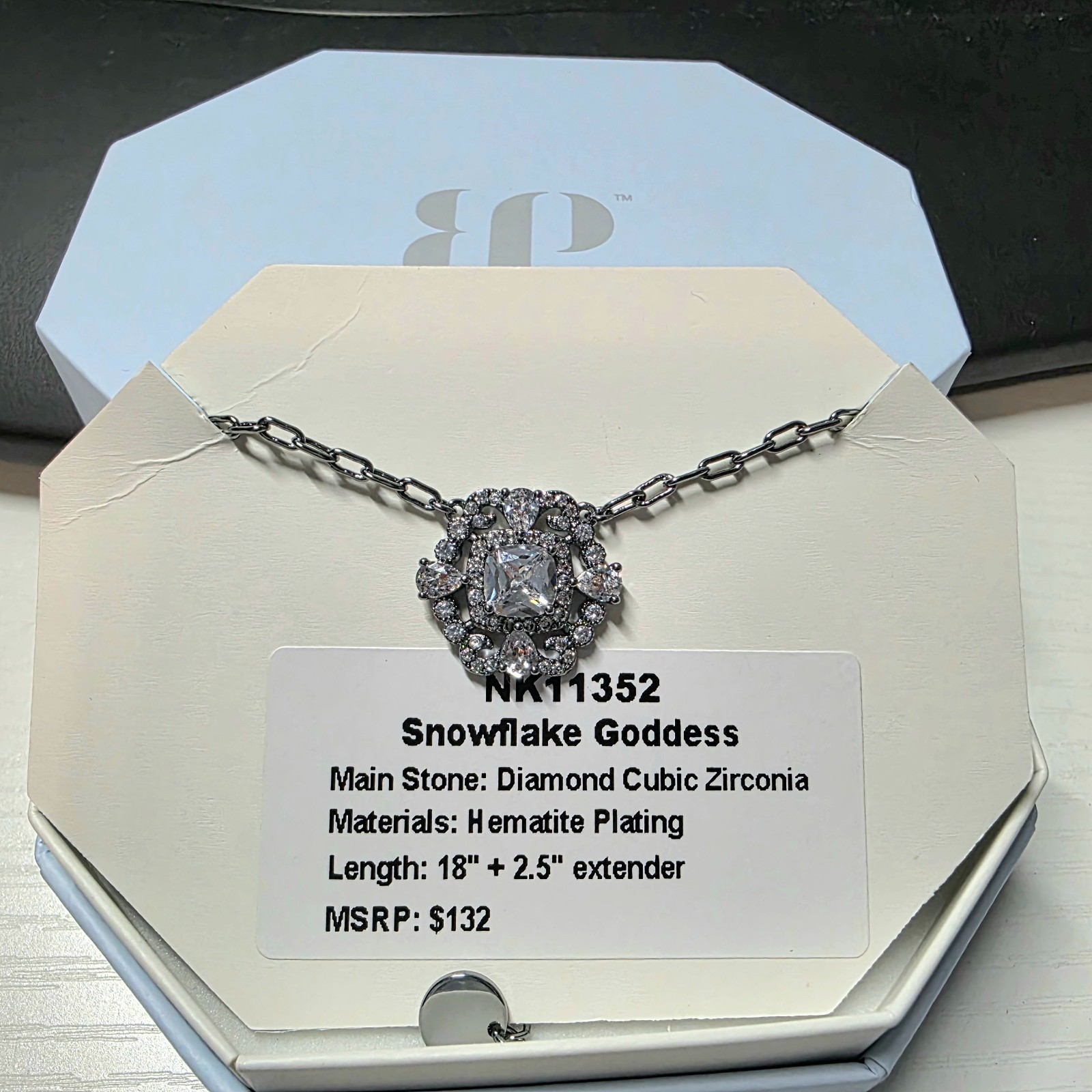 Bomb Party Necklace “Snowflake Goddess” Clear CZ on Hematite NK11352