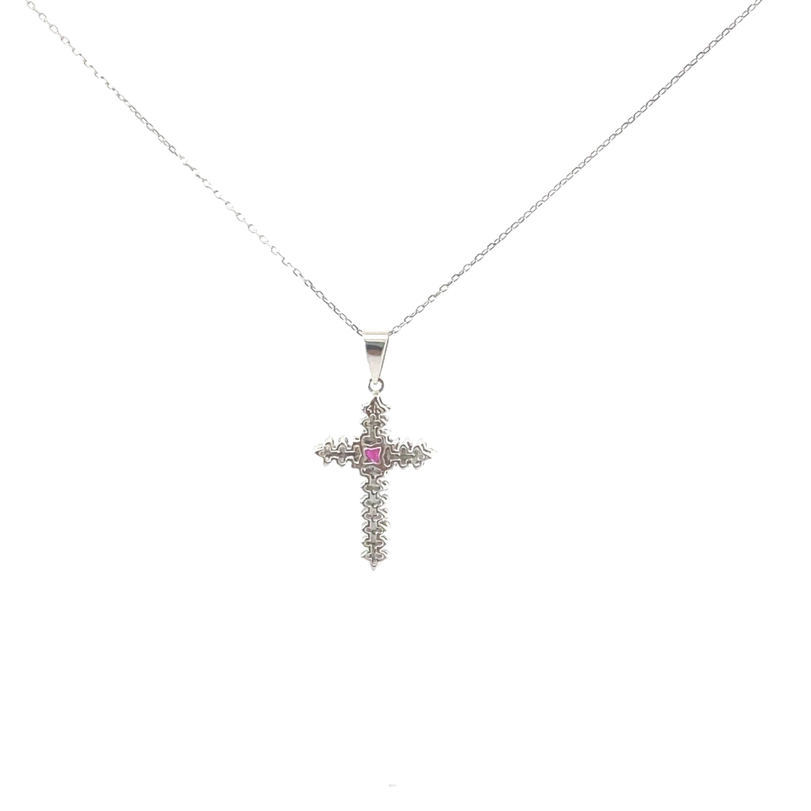 14k White Gold Diamond & Ruby Cross Necklace Pendant Elegant Fine Ladies Charm