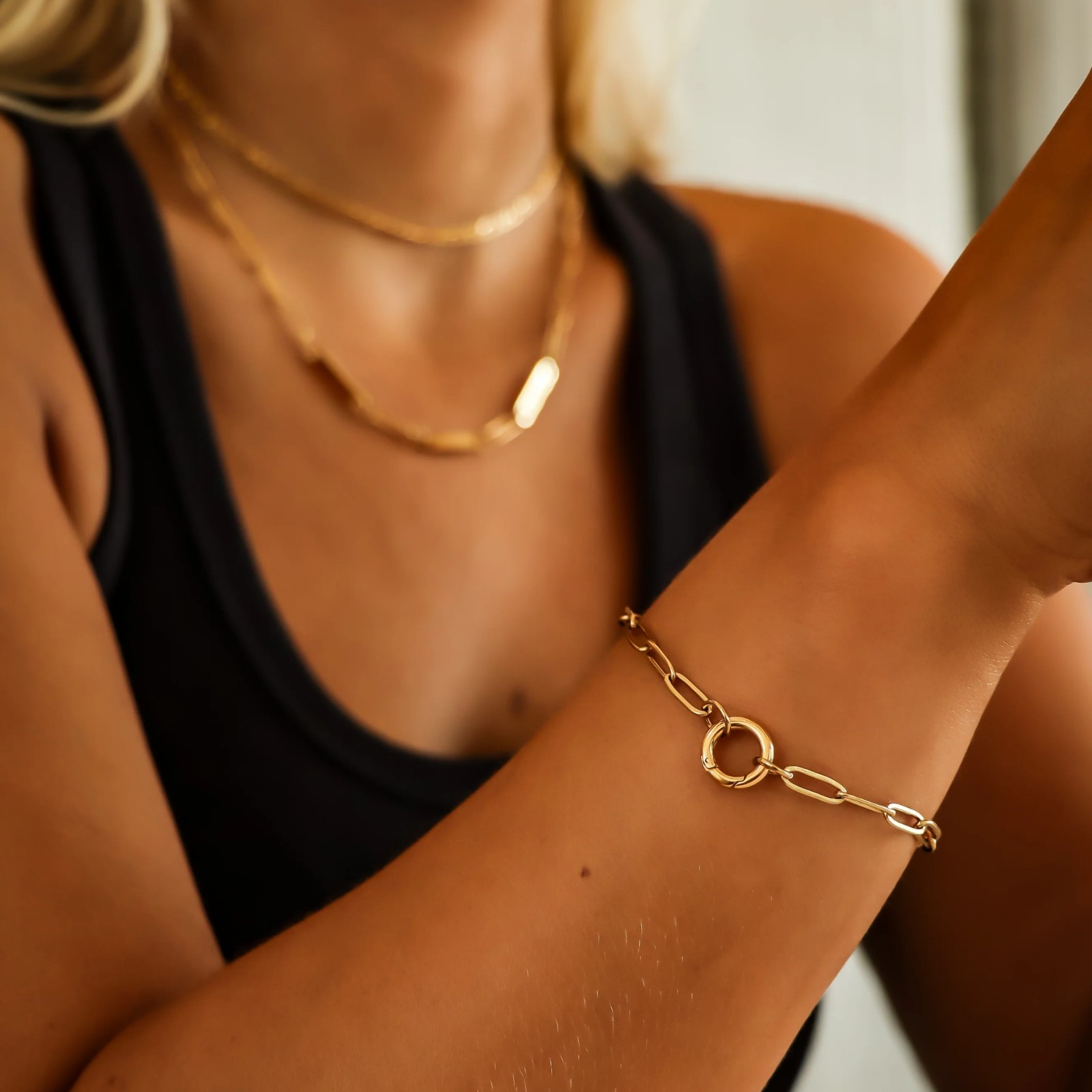 18K Gold PVD Paperclip Chain Bracelet Charm Keeper Waterproof Tarnish Free