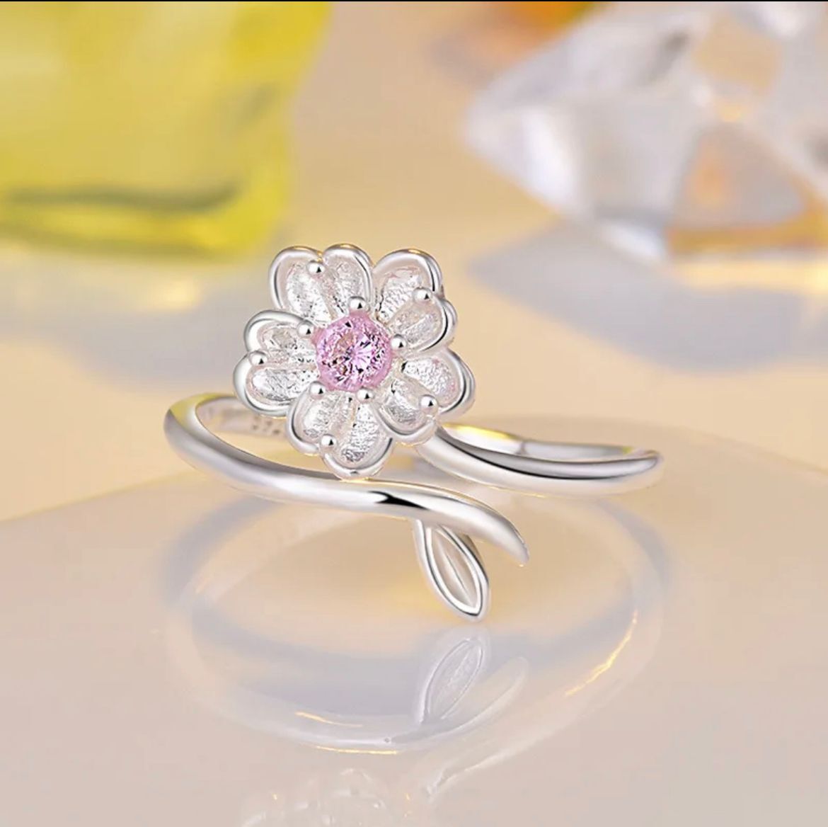 925 Sterling Silver Ring Adjustable Open Flower For Women girls Jewelry Gift