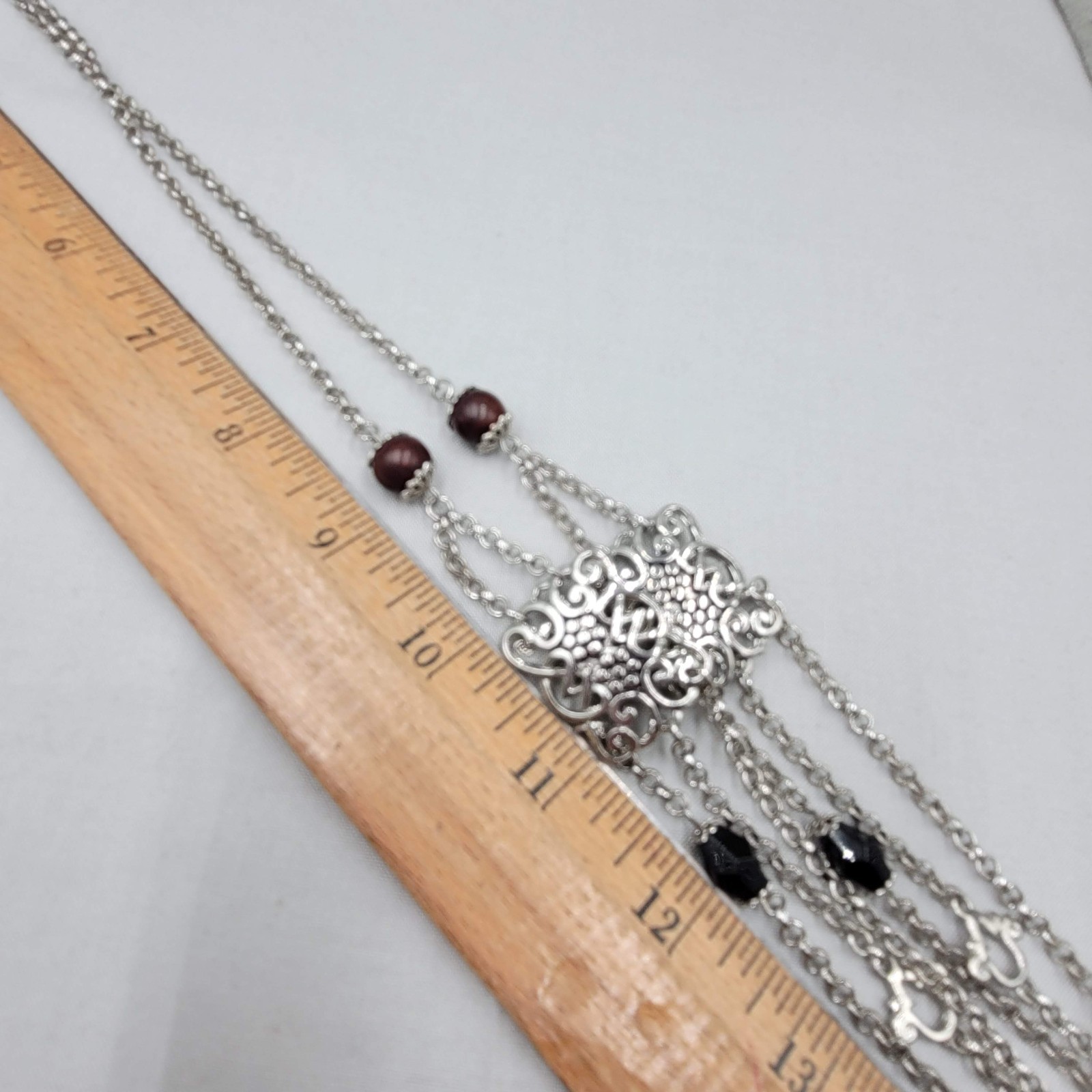 Wood Bead Layered Chain Necklace Silver Plated Filigree 34″ adj