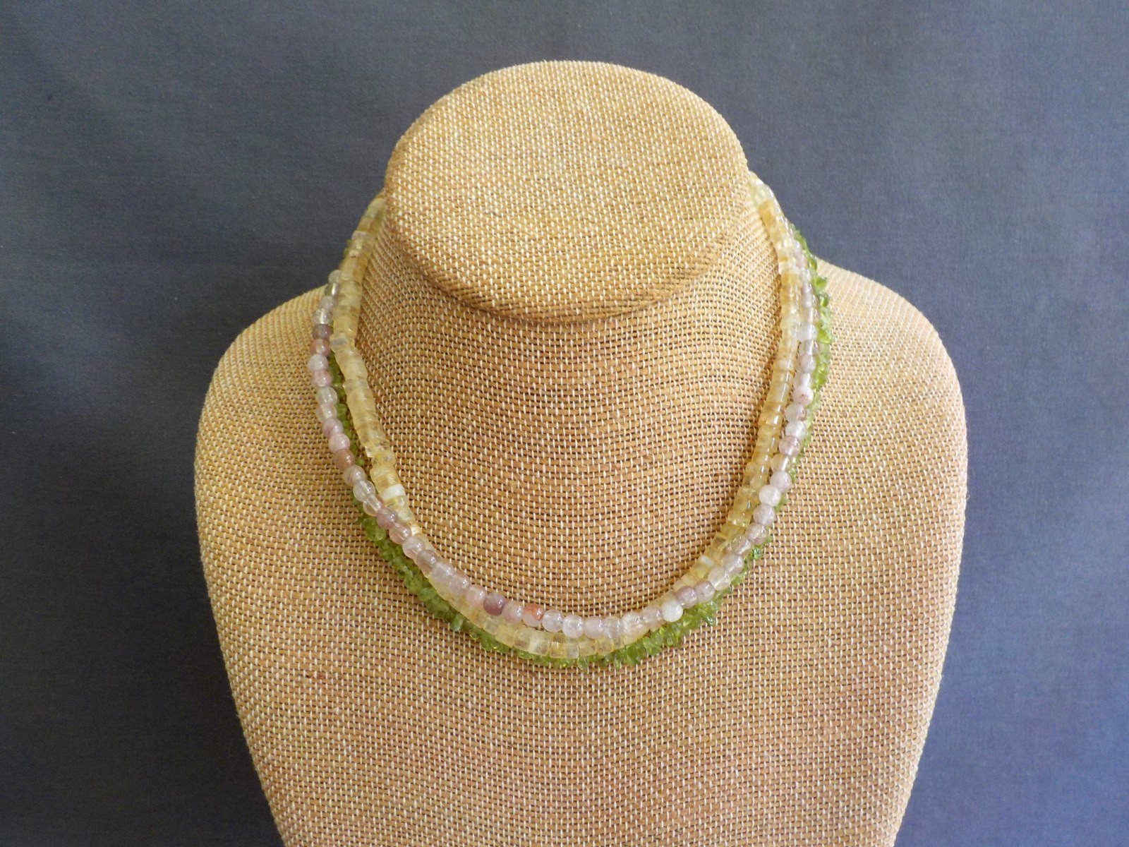 Three Strand Stone Bead Light Green Pink Choker Necklace 16″ Long Variety Shapes