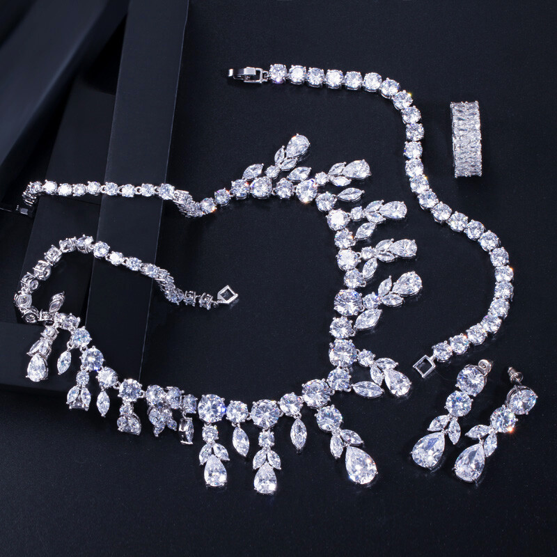 CZ Dangle Drop Cubic Zirconia Necklace Earrings Bracelet Ring Bridal Jewelry Set