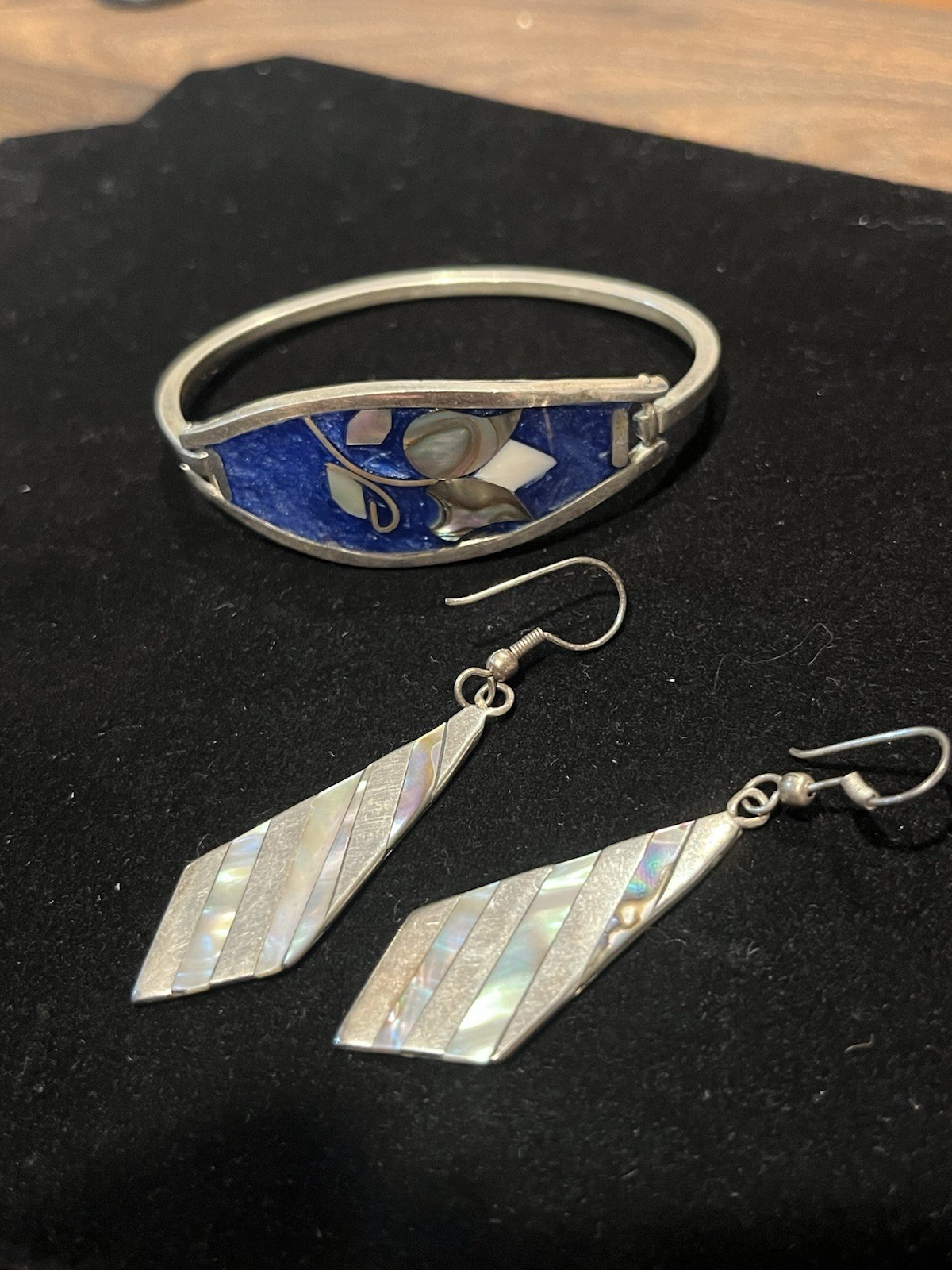 Vtg Alpaca Mexico Silver Hinged Bracelet Floral Inlay Abalone And earrings