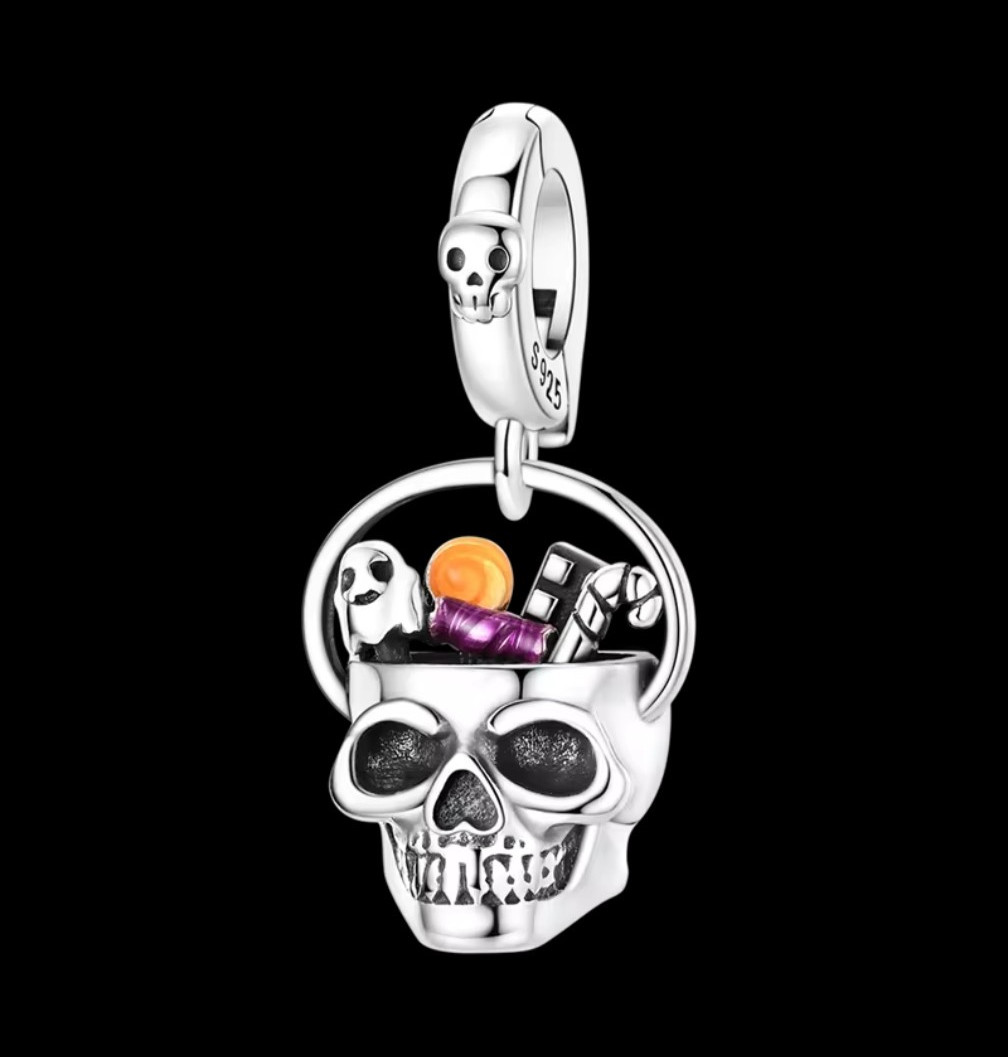 Silver Signed Skull Dangle Charm Pendant Multicolor Black Halloween