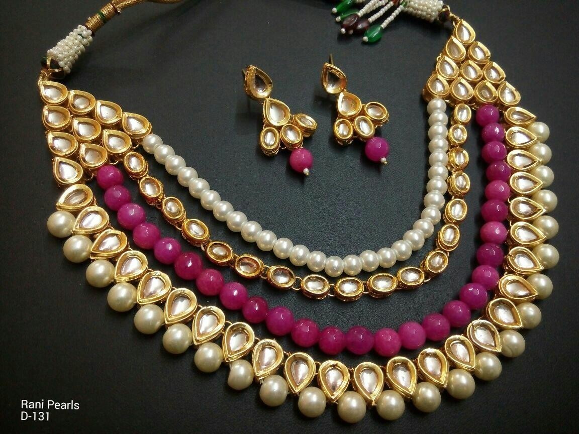 JAYWAR Kundan Layered Pearl Choker Necklace Set Earrings Meenakari Bridal